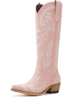 Women's Pink Embroidered Rhinestones Knee High Cowgirl Boots Pointed Toe